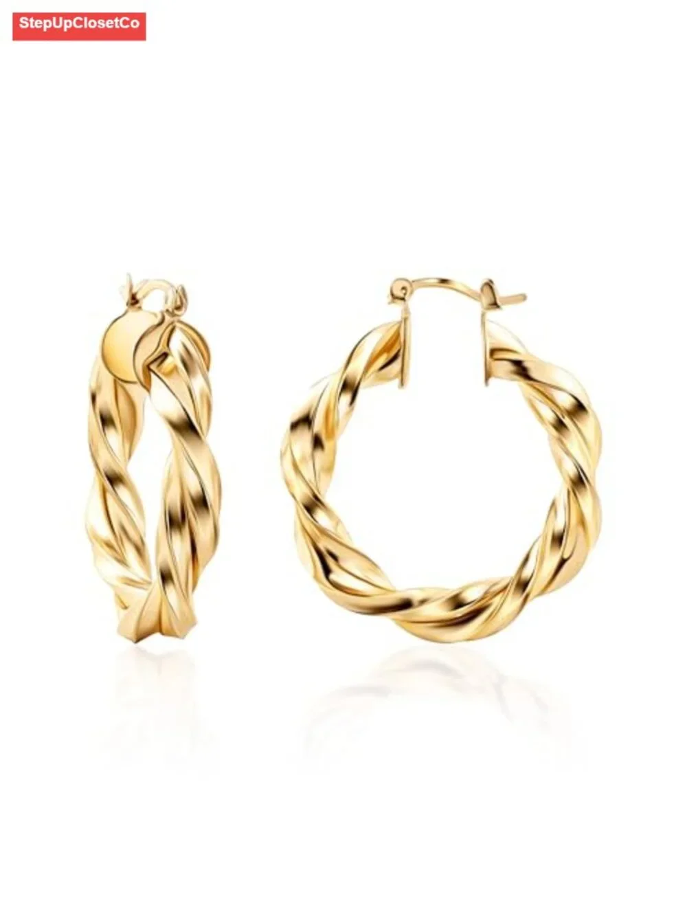 18K Gold Plated Twisted Hoop Earrings 40mm High Polish Waterproof